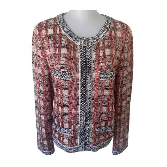 St. John Jackets & Blazers - St John Tweed Knit Jacket Textured Full Zip Long Sleeve Womens Size 10 USA Made